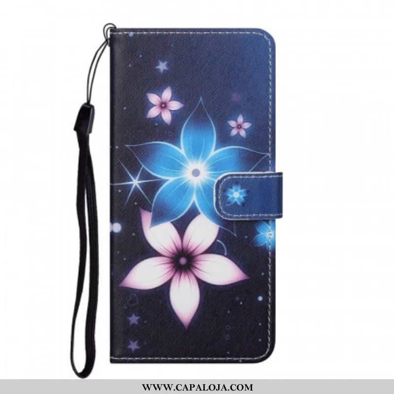 Capa De Couro Para Samsung Galaxy S22 Plus 5G De Cordão Flores De Cinta Lunar