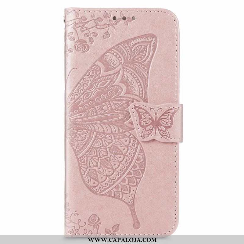 Capa De Couro Para Samsung Galaxy S22 Plus 5G Design De Borboleta Com Cordão