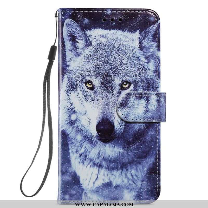 Capa De Couro Para Samsung Galaxy S22 Plus 5G Lindos Lobos Com Cordão