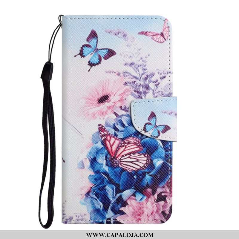 Capa De Couro Para Samsung Galaxy S22 Ultra 5G Buquê De Flores E Borboletas