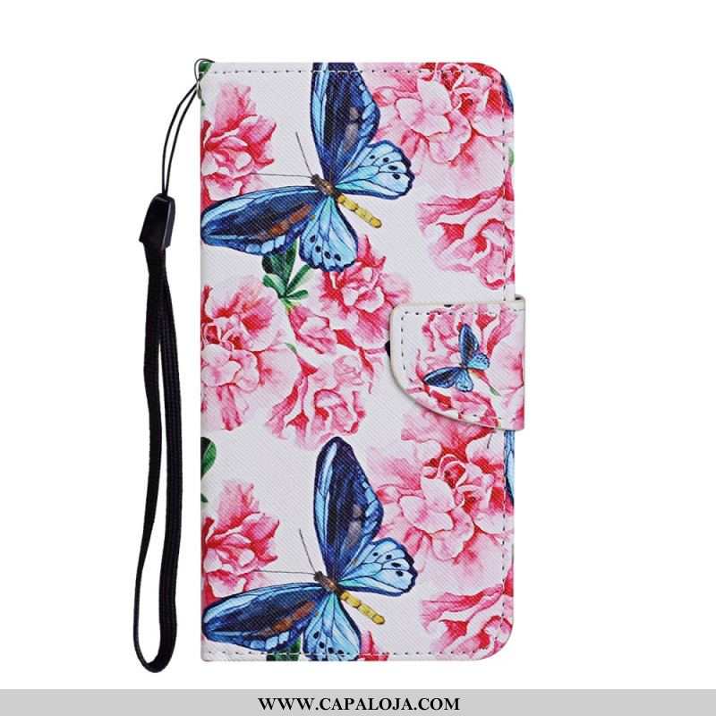 Capa De Couro Para Samsung Galaxy S22 Ultra 5G Cordão Floral Borboletas