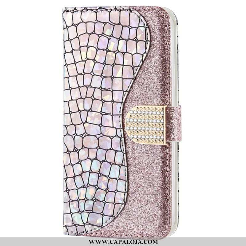 Capa De Couro Para Samsung Galaxy S22 Ultra 5G Diamantes De Crocodilo