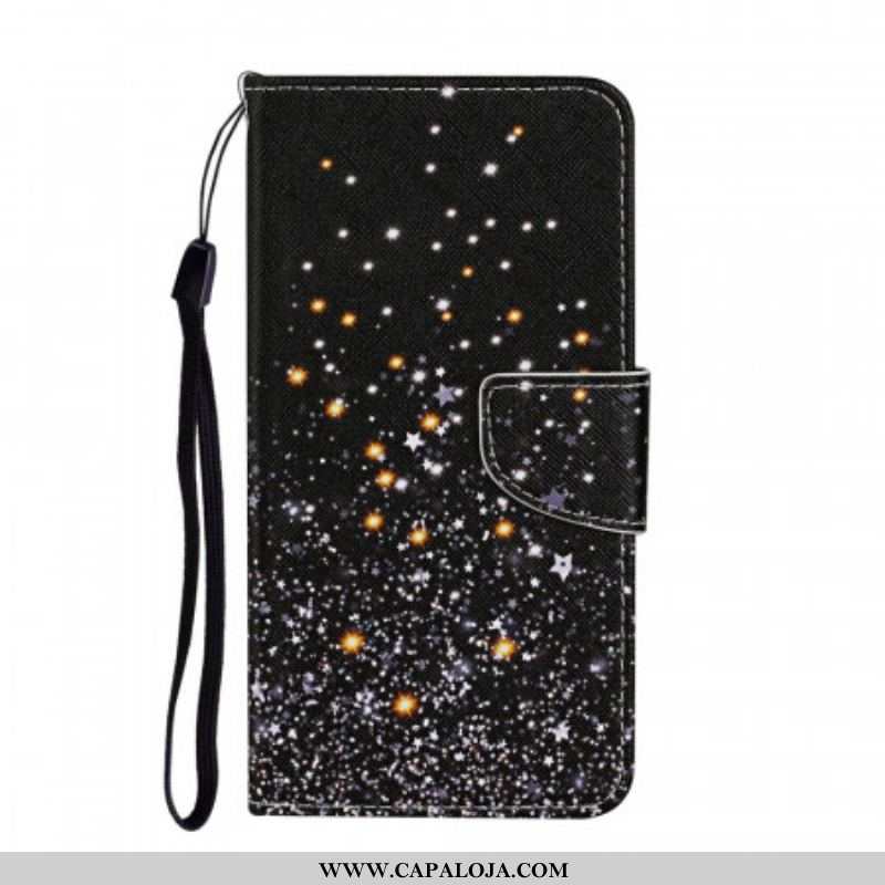 Capa De Couro Para Samsung Galaxy S22 Ultra 5G Estrelas E Lantejoulas Com Cordão