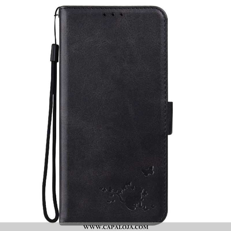 Capa De Couro Para Samsung Galaxy S22 Ultra 5G Gato E Borboletas