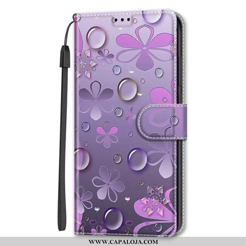 Capa De Couro Para Samsung Galaxy S22 Ultra 5G Gotas De Água Com Cordão