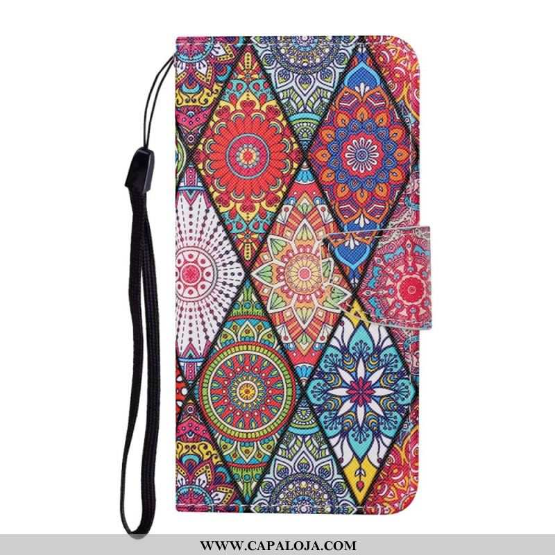 Capa De Couro Para Samsung Galaxy S22 Ultra 5G Patchwork Com Cordão