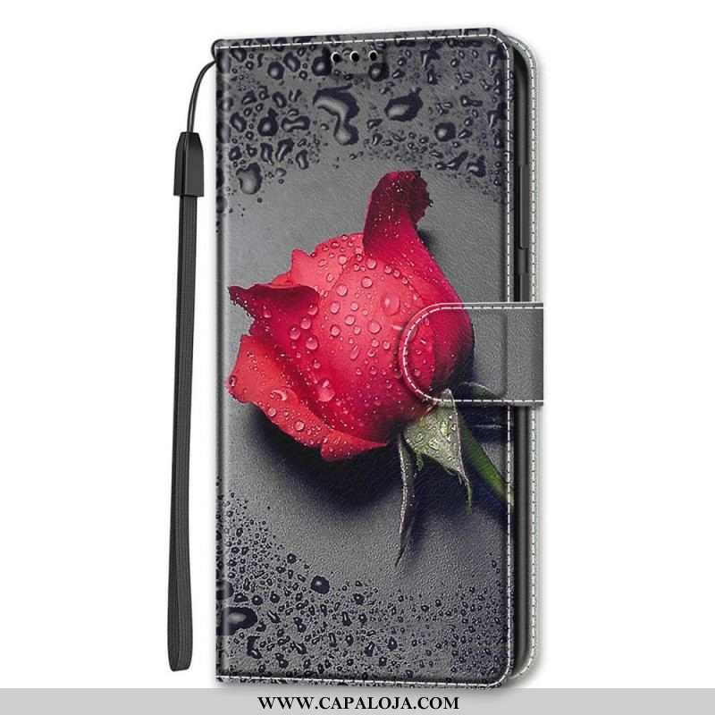 Capa De Couro Para Samsung Galaxy S22 Ultra 5G Rosas Com Cordão