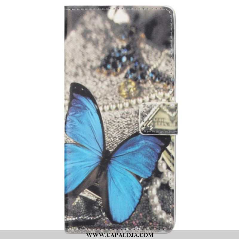 Capa De Couro Para Samsung Galaxy S23 5G Borboleta Azul