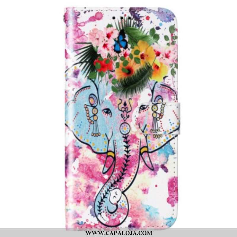 Capa De Couro Para Samsung Galaxy S23 5G De Cordão Elefante Tribal Com Alça