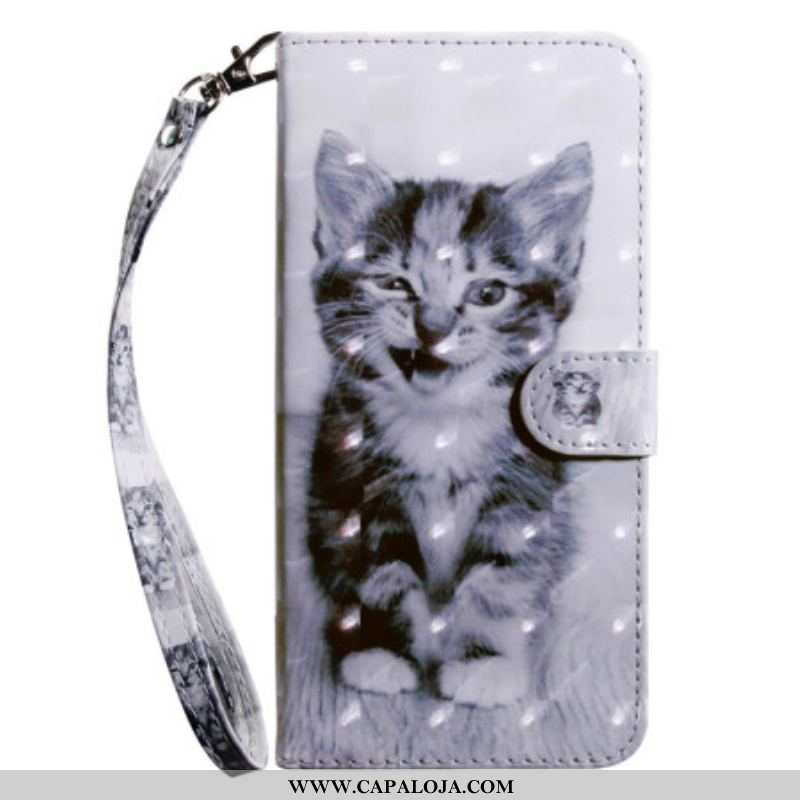 Capa De Couro Para Samsung Galaxy S23 5G De Cordão Gatinho Cinza Com Alça