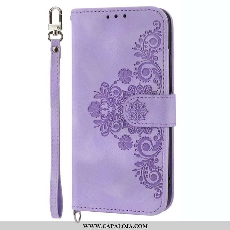 Capa De Couro Para Samsung Galaxy S23 5G De Cordão Mandala De Renda Com Tiras