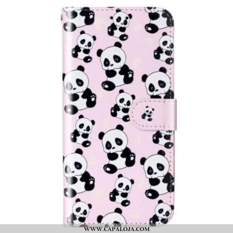 Capa De Couro Para Samsung Galaxy S23 5G De Cordão Pandas Strappy