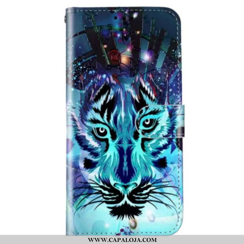 Capa De Couro Para Samsung Galaxy S23 5G O Tigre Com Cordão