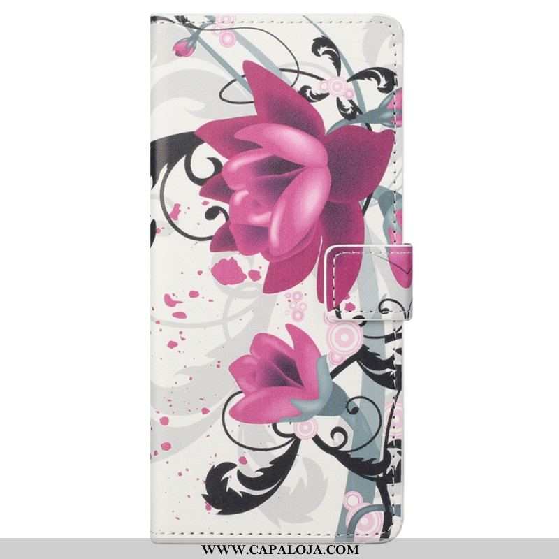 Capa De Couro Para Samsung Galaxy S23 Plus 5G Flores Tropicais