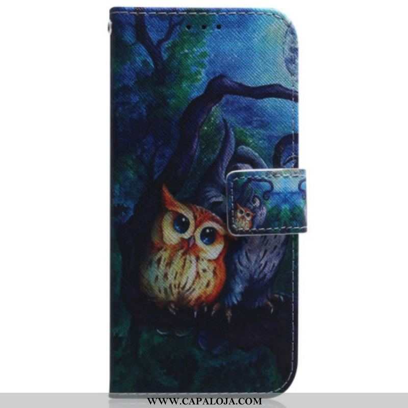 Capa De Couro Para Samsung Galaxy S23 Ultra 5G Corujas Pintando