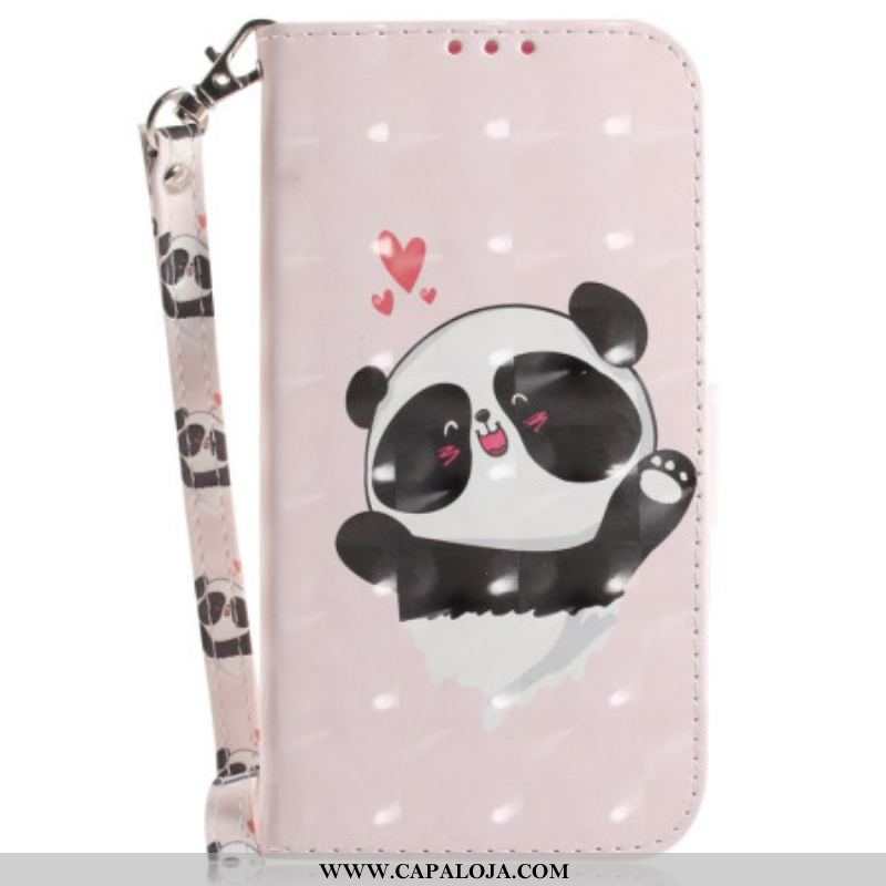 Capa De Couro Para Samsung Galaxy S23 Ultra 5G De Cordão Pequeno Panda Com Alça