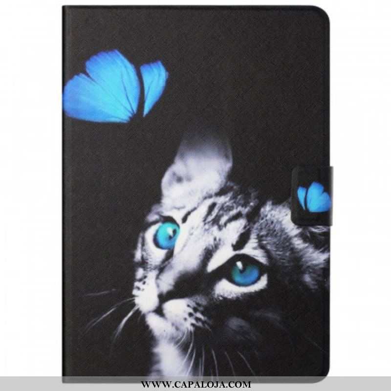 Capa De Couro Para Samsung Galaxy Tab A8 (2021) Gato Azul E Borboleta