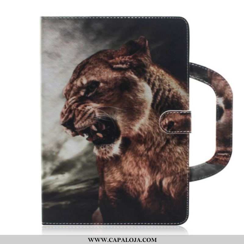 Capa De Couro Para Samsung Galaxy Tab S8 / Tab S7 Leão Com Alça