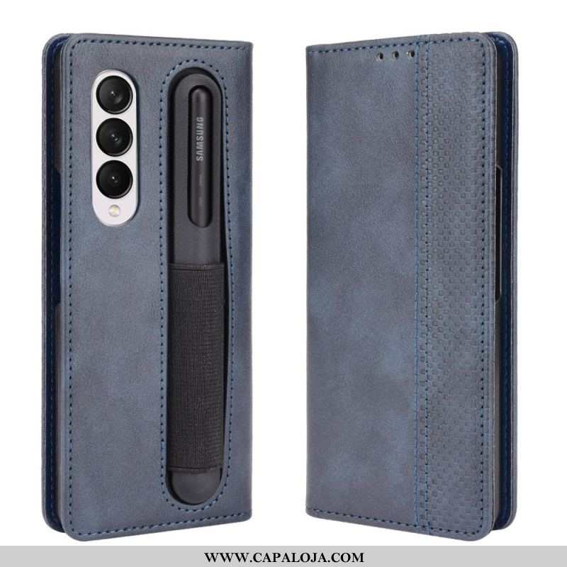 Capa De Couro Para Samsung Galaxy Z Fold 3 5G Suporte Para Caneta Estilizado Com Efeito De Couro