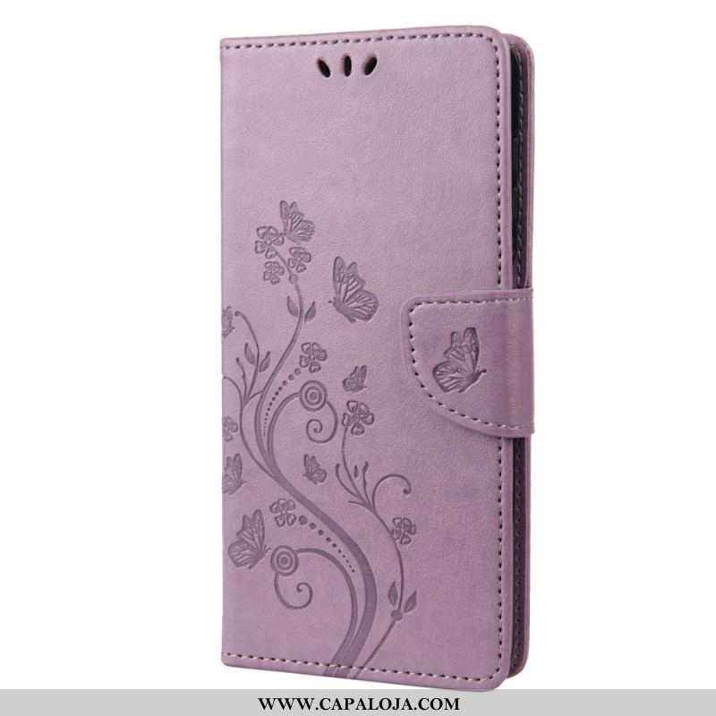 Capa De Couro Para Sony Xperia 10 IV Flores E Borboletas