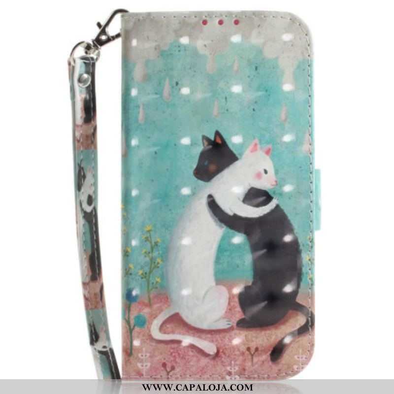 Capa De Couro Para Xiaomi 12 / 12X De Cordão Gato Preto Gato Branco Com Alça