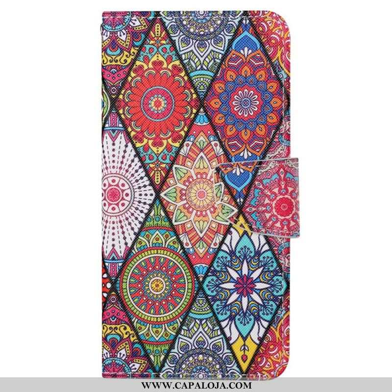 Capa De Couro Para Xiaomi 12T / 12T Pro Patchwork Com Cordão