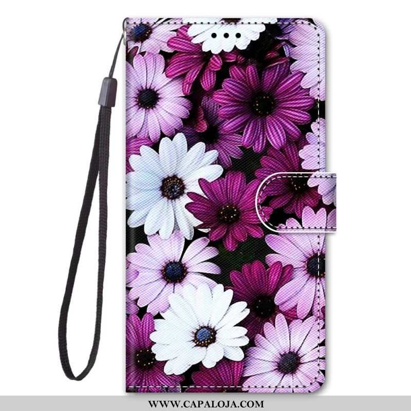 Capa De Couro Para Xiaomi 13 Floral Com Alça