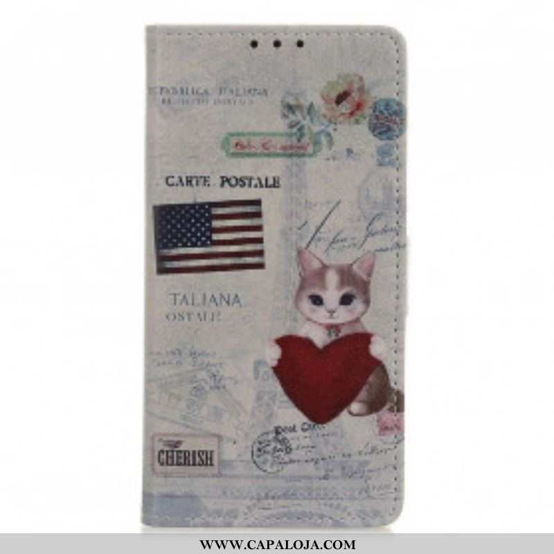 Capa De Couro Para Xiaomi Redmi Note 10 / 10S Gato Viajante