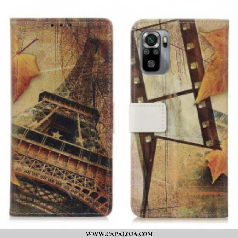 Capa De Couro Para Xiaomi Redmi Note 10 / 10S Torre Eiffel No Outono