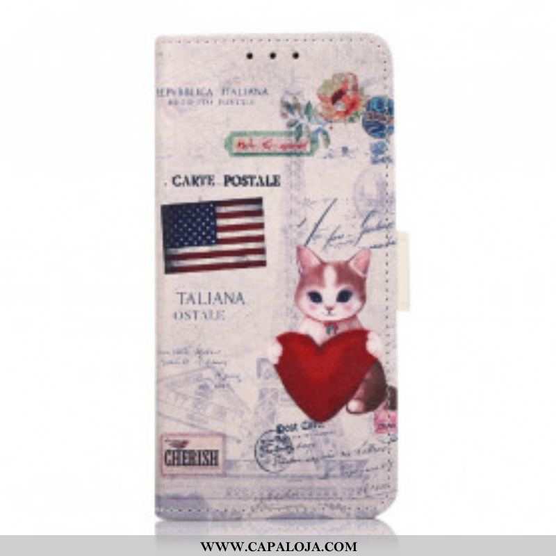 Capa De Couro Para Xiaomi Redmi Note 10 5G Gato Viajante