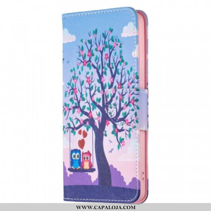 Capa De Couro Para Xiaomi Redmi Note 11 Pro Plus 5G Corujas No Balanço