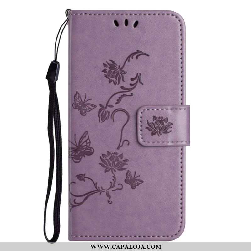 Capa De Couro Para Xiaomi Redmi Note 12 4G De Cordão Flores E Borboletas Com Alça