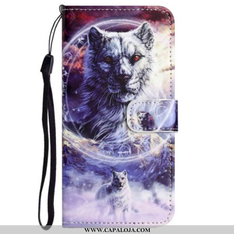 Capa De Couro Para Xiaomi Redmi Note 12 4G De Cordão Lobo Da Neve Strappy