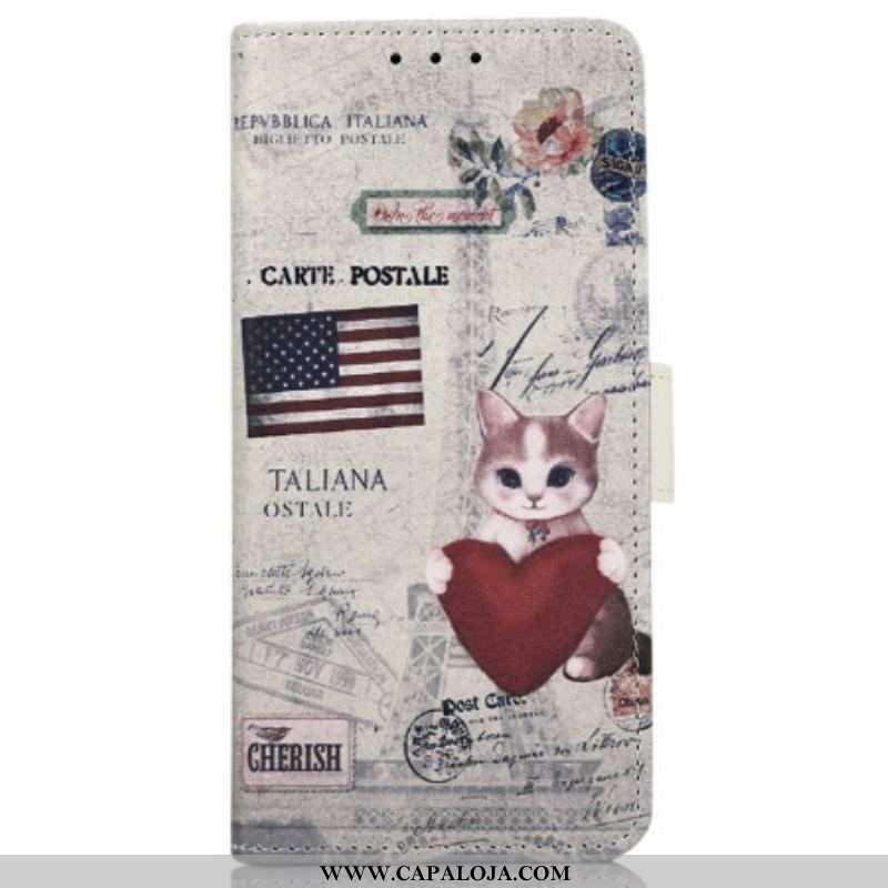 Capa De Couro Para Xiaomi Redmi Note 12 4G Gato Viajante