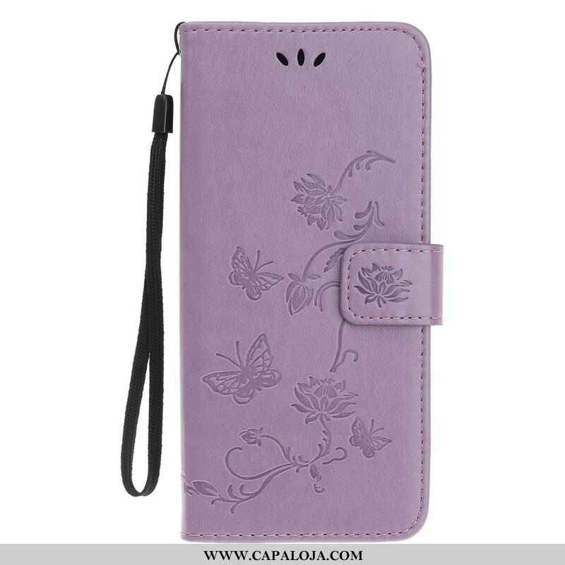 Capa De Couro Para iPhone 13 Mini De Cordão Pulseira Borboletas E Flores