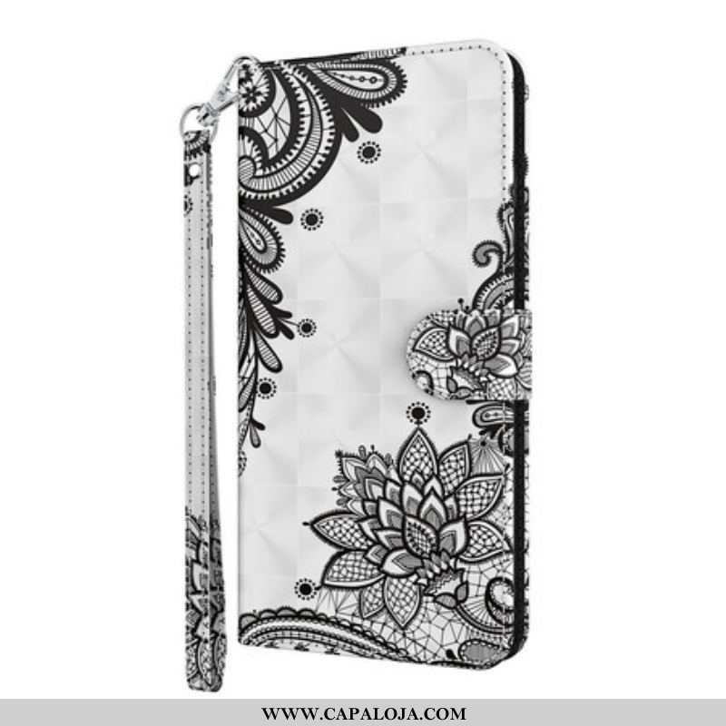 Capa De Couro Para iPhone 13 Mini Flores De Renda