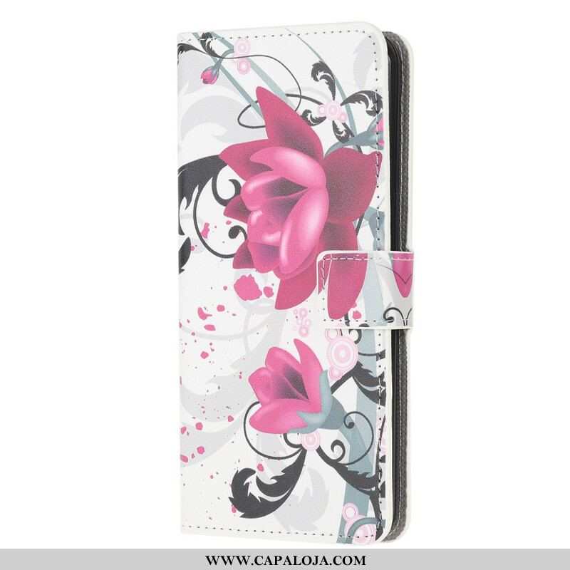 Capa De Couro Para iPhone 13 Mini Flores Tropicais