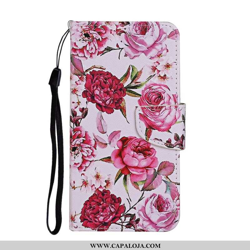 Capa De Couro Para iPhone 13 Pro Flores Magistrais Com Alça