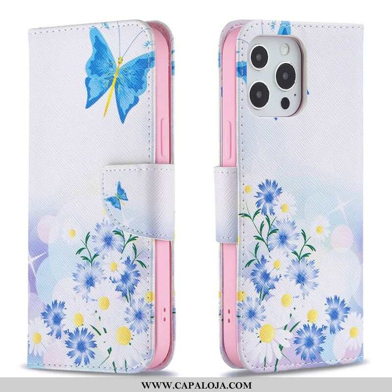 Capa De Couro Para iPhone 13 Pro Max Borboletas E Flores Pintadas