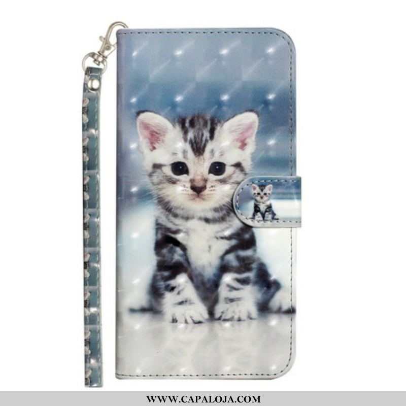 Capa De Couro Para iPhone 13 Pro Max De Cordão Pontos De Luz Gatinho Com Alça