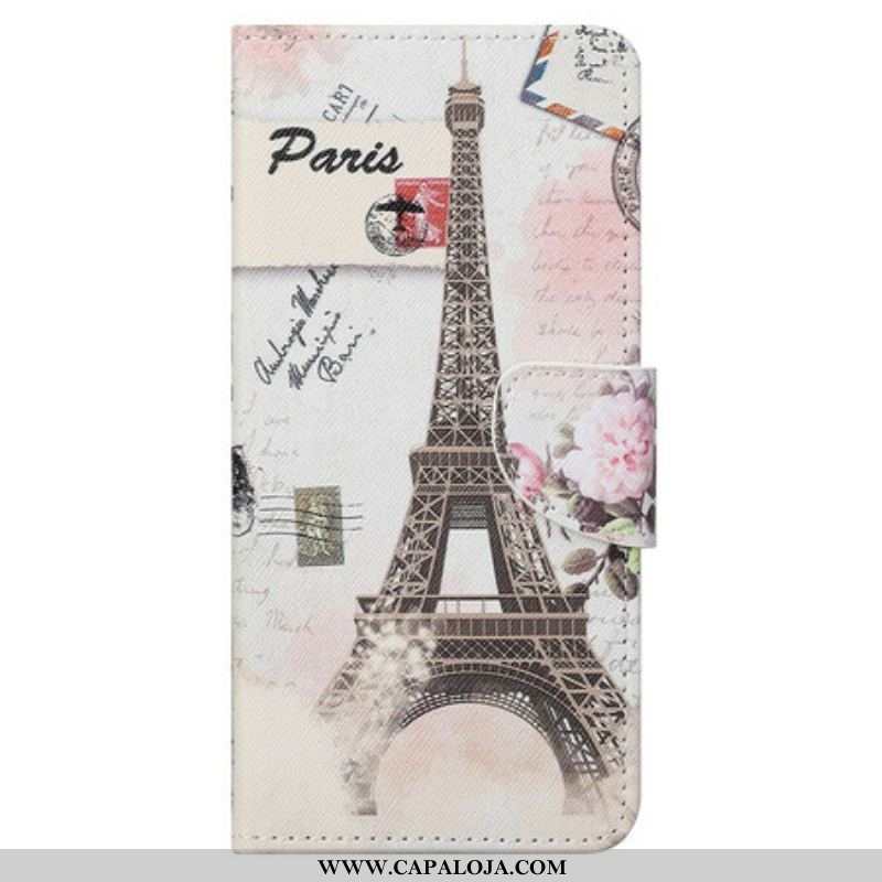 Capa De Couro Para iPhone 13 Pro Max Torre Eiffel Retrô