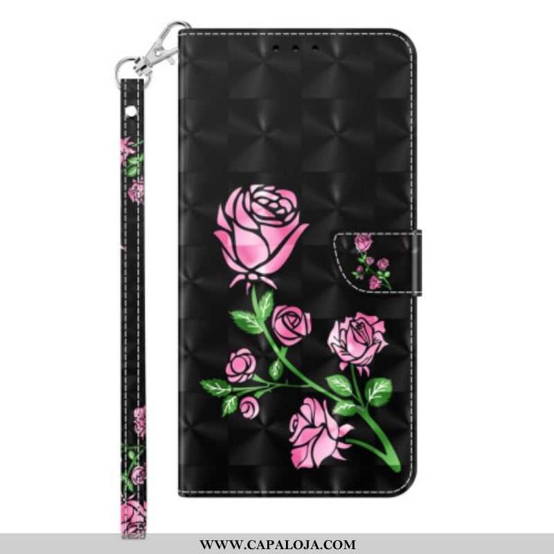 Capa De Couro Para iPhone 14 De Cordão Rosas De Alça