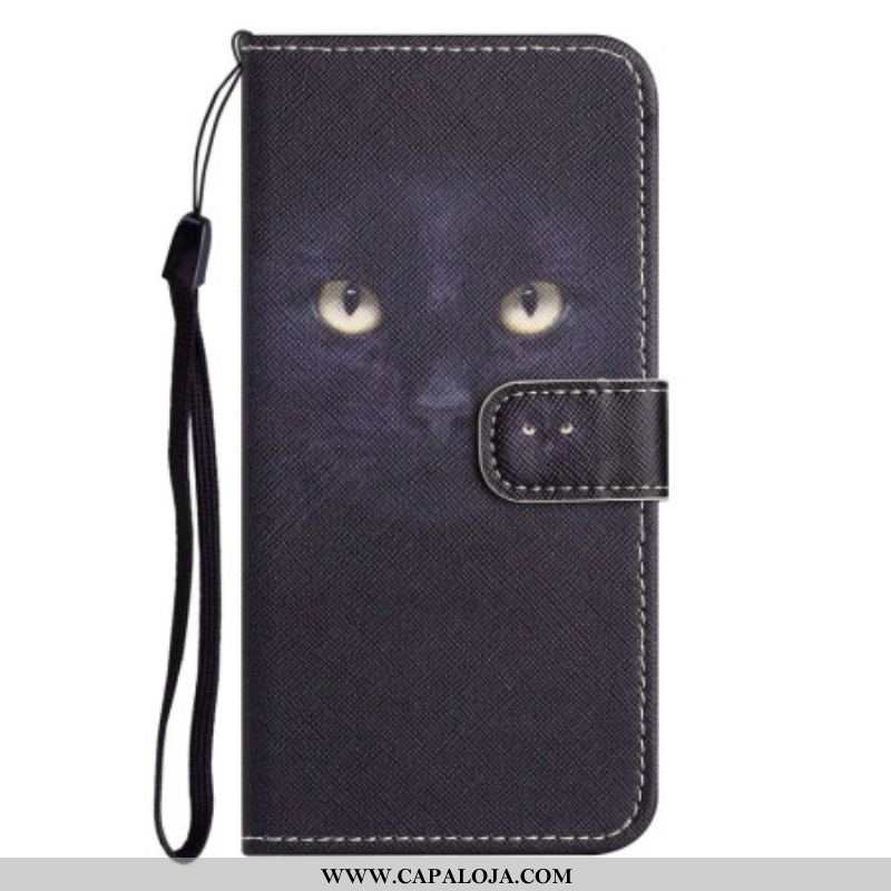 Capa De Couro Para iPhone 14 Plus De Cordão Gato Preto Com Alça