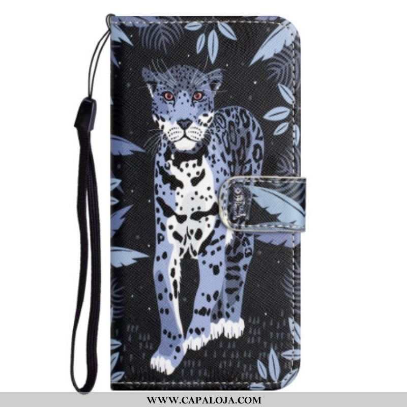 Capa De Couro Para iPhone 14 Plus De Cordão Leopardo Strappy