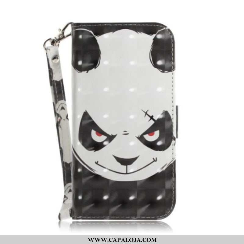 Capa De Couro Para iPhone 14 Plus De Cordão Panda Irritado Com Cordão