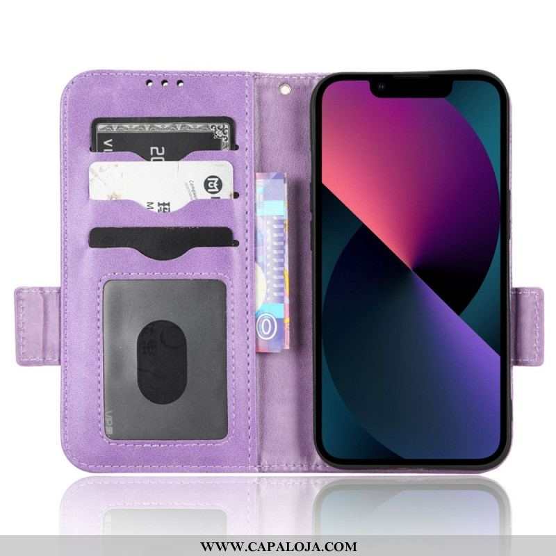 Capa De Couro Para iPhone 14 Plus Flip Aba Dupla E Padrão Triangular