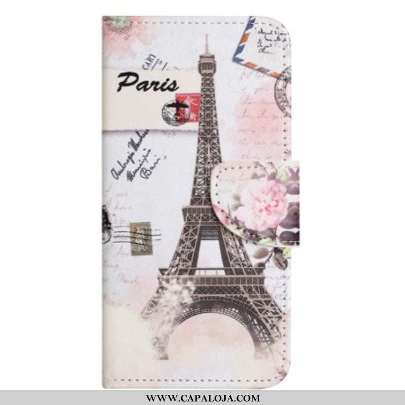 Capa De Couro Para iPhone 14 Plus Torre Eiffel Antiga