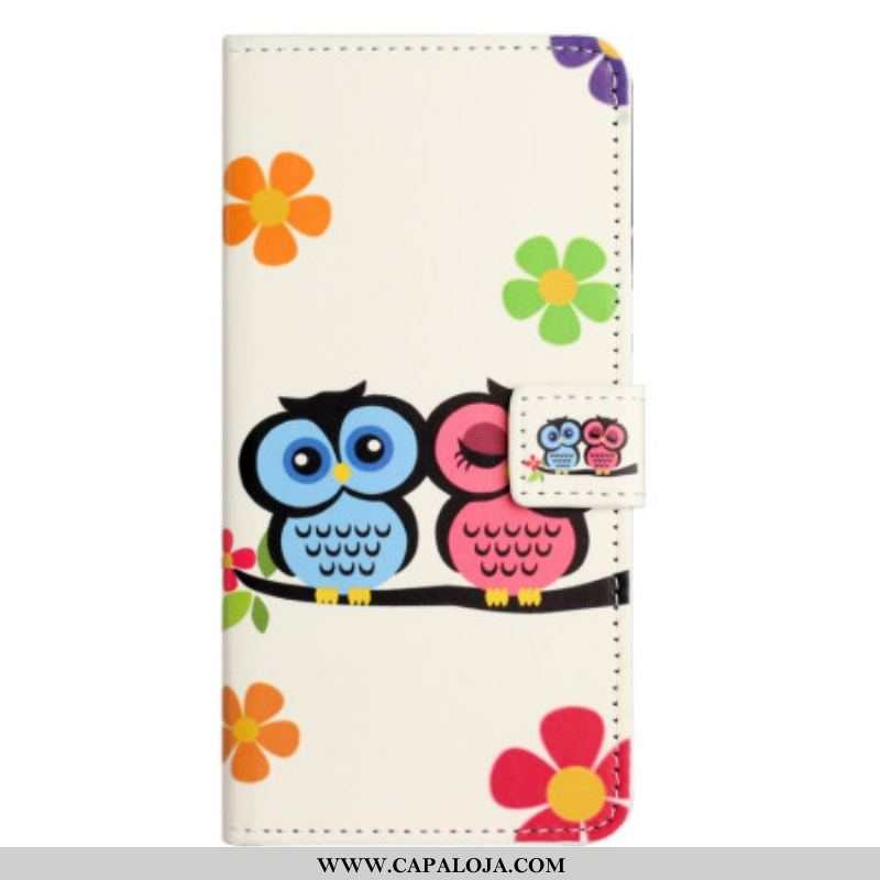 Capa De Couro Para iPhone 15 Casal De Corujas