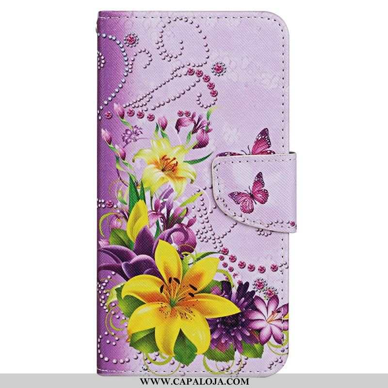 Capa De Couro Para iPhone 15 De Cordão Borboletas E Flores Com Alça