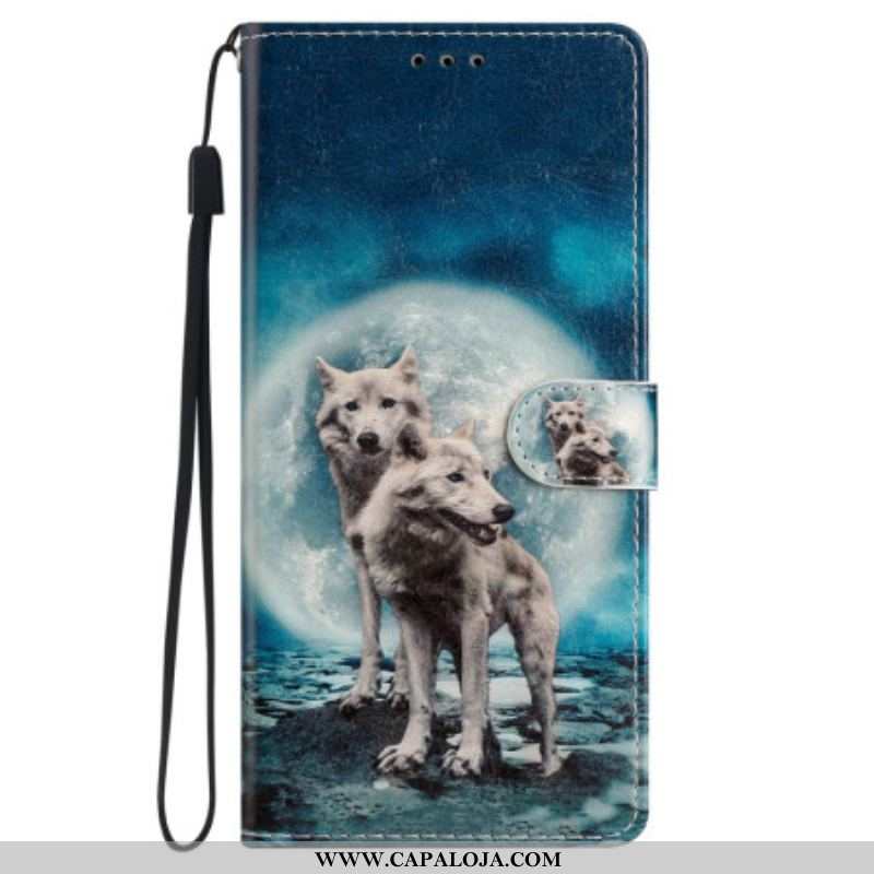 Capa De Couro Para iPhone 15 De Cordão Cordão Lobos Sob A Lua